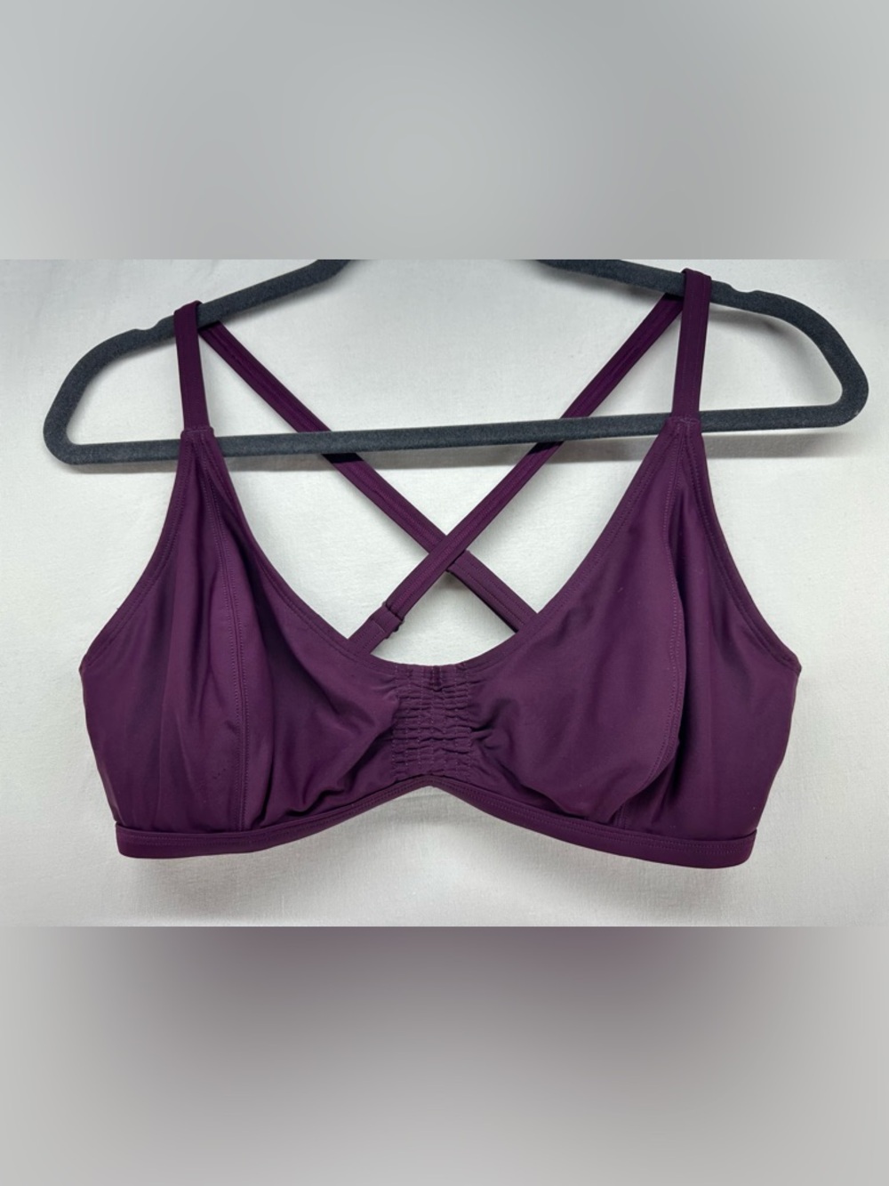 Athleta Smocked Bikini Top Underwire Adjustable Burgundy Eggplant Red 36D  36DD